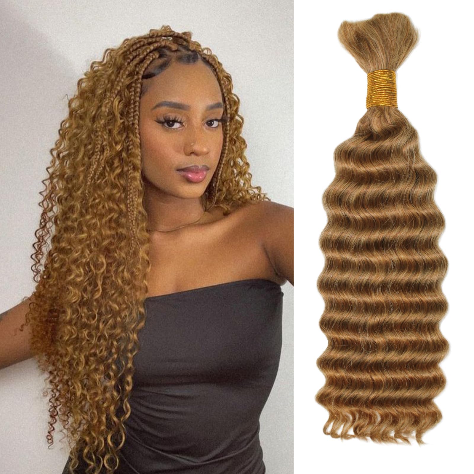 Ainimiu 14inch Human Braiding Hair 2 Bundle 100g Deep Wave Bulk Human Hair for Braiding Bulk Curly Human Hair for Boho Braids Human Hair Extensions 27