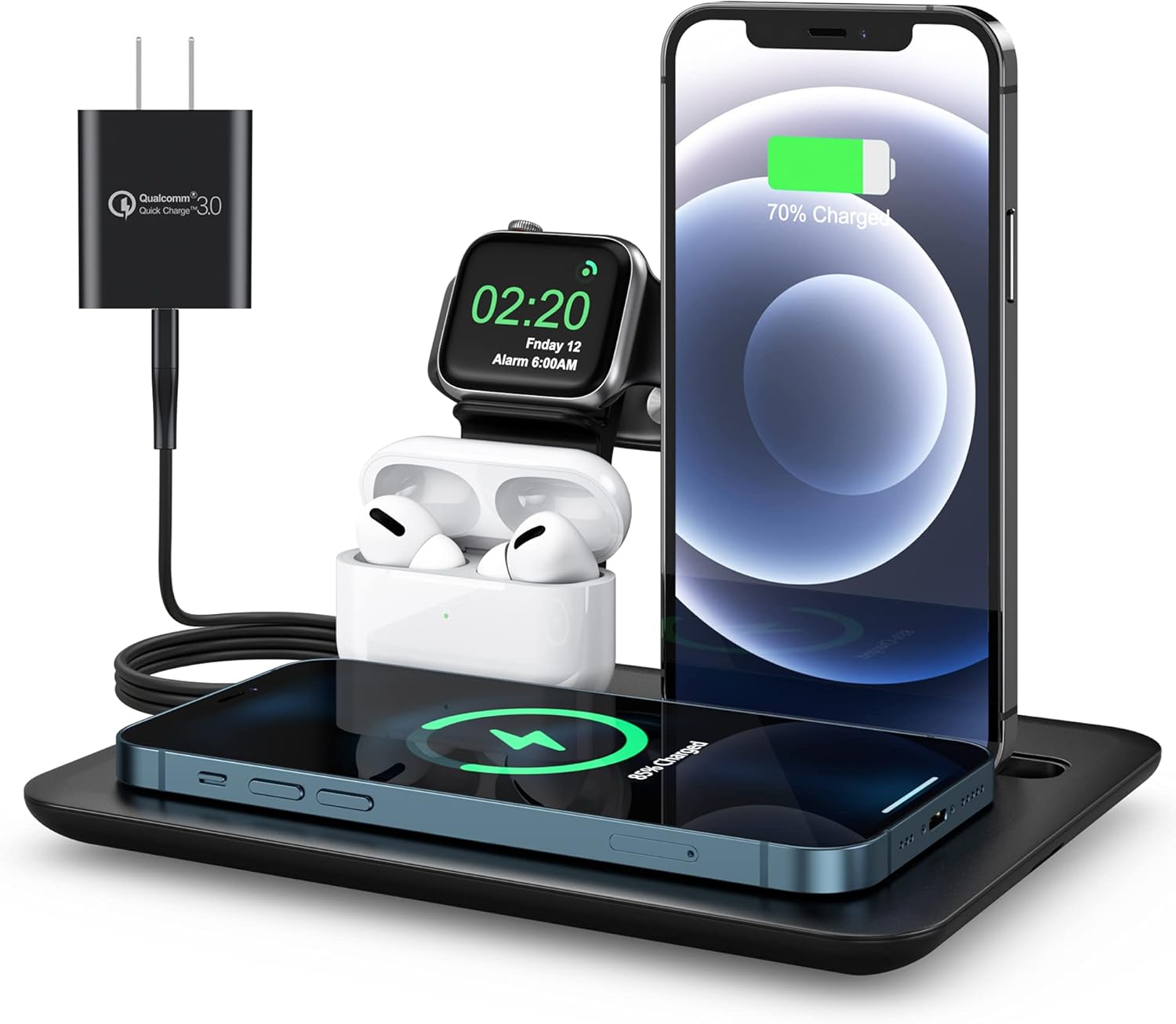 Wireless Charger, 5 in 1 Wireless Charging Pad, 15W Qi Fast Charging Dock for iPhone 12/11 Pro Max/SE 2/XS Max/XR/XS/X/8/8P/7/7P/5 SE, Charging Dock for iWatch 6/5/4/3/2 Airpods Pro/2/1 (With Adapter)