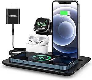 Wireless Charger, 5 in 1 Wireless Charging Pad, 15W Qi Fast Charging Dock for iPhone 12/11 Pro Max/SE 2/XS Max/XR/XS/X/8/8P/7/7P/5 SE, Charging Dock for iWatch 6/5/4/3/2 Airpods Pro/2/1 (With Adapter)