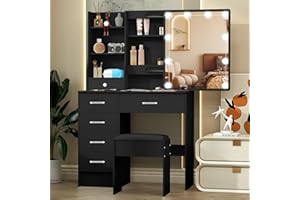 Small Balck Vanity Desk with Mirror and Lights,Dressing Table with 6 Drawers 6 Shelves & 3 Modes Light Adjustable for Gilrs S