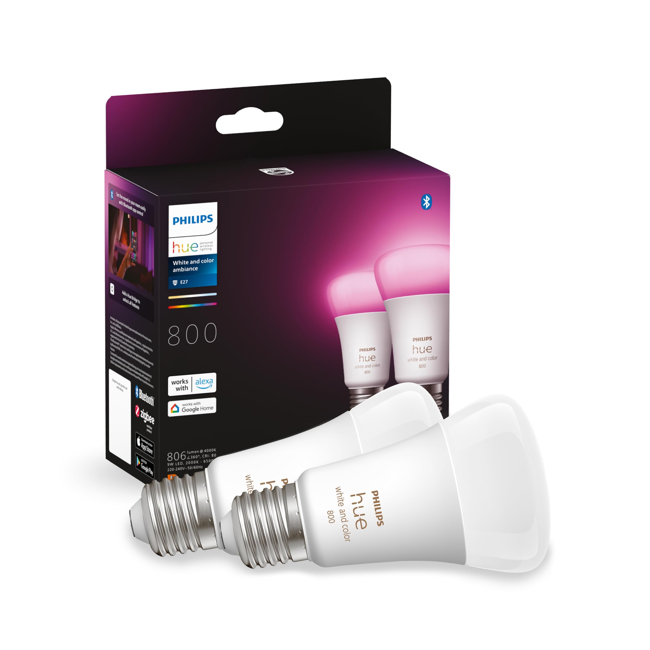 Philips Hue White and Colour Ambiance Smart Light Bulb 2 Pack 60W - 800 Lumen [E27 Edison Screw] with Bluetooth. Works with Alexa, Google Assistant and Apple Homekit