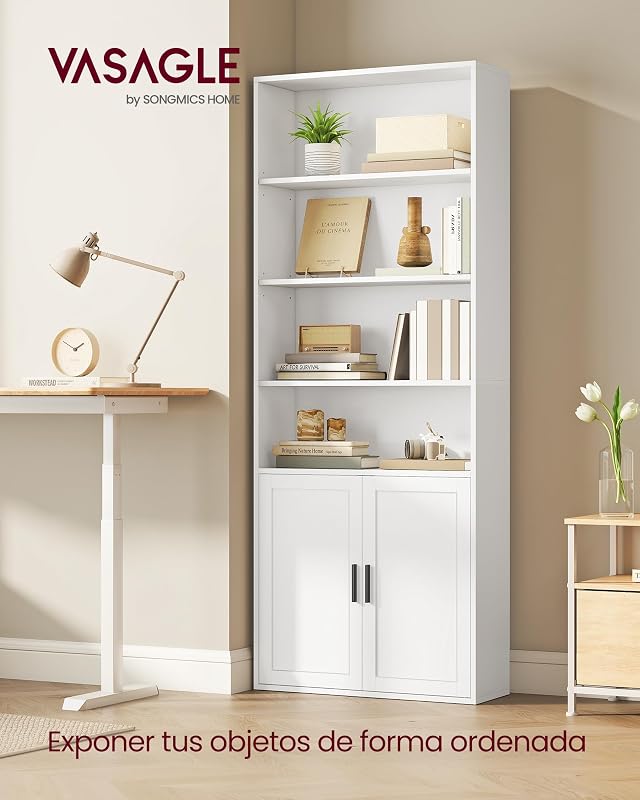 Librería, Estantería Vertical de 6 Niveles, con Puertas, 24 x 60 x 175 cm, para Salón, Estudio, Oficina, Comedor, Blanco Nube LBC402W01