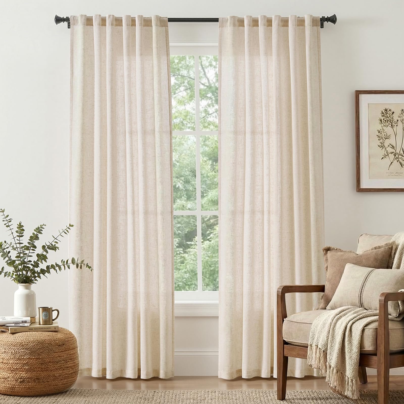 Photo 1 of jinchan Beige Linen Blend Curtains 84 Inches Length 2 Panels for Bedroom Living Room, Light Filtering 50 Inches Wide Natural Farmhouse Drapes with Rod Pocket Back Tab (50W x 84L, Ecru)