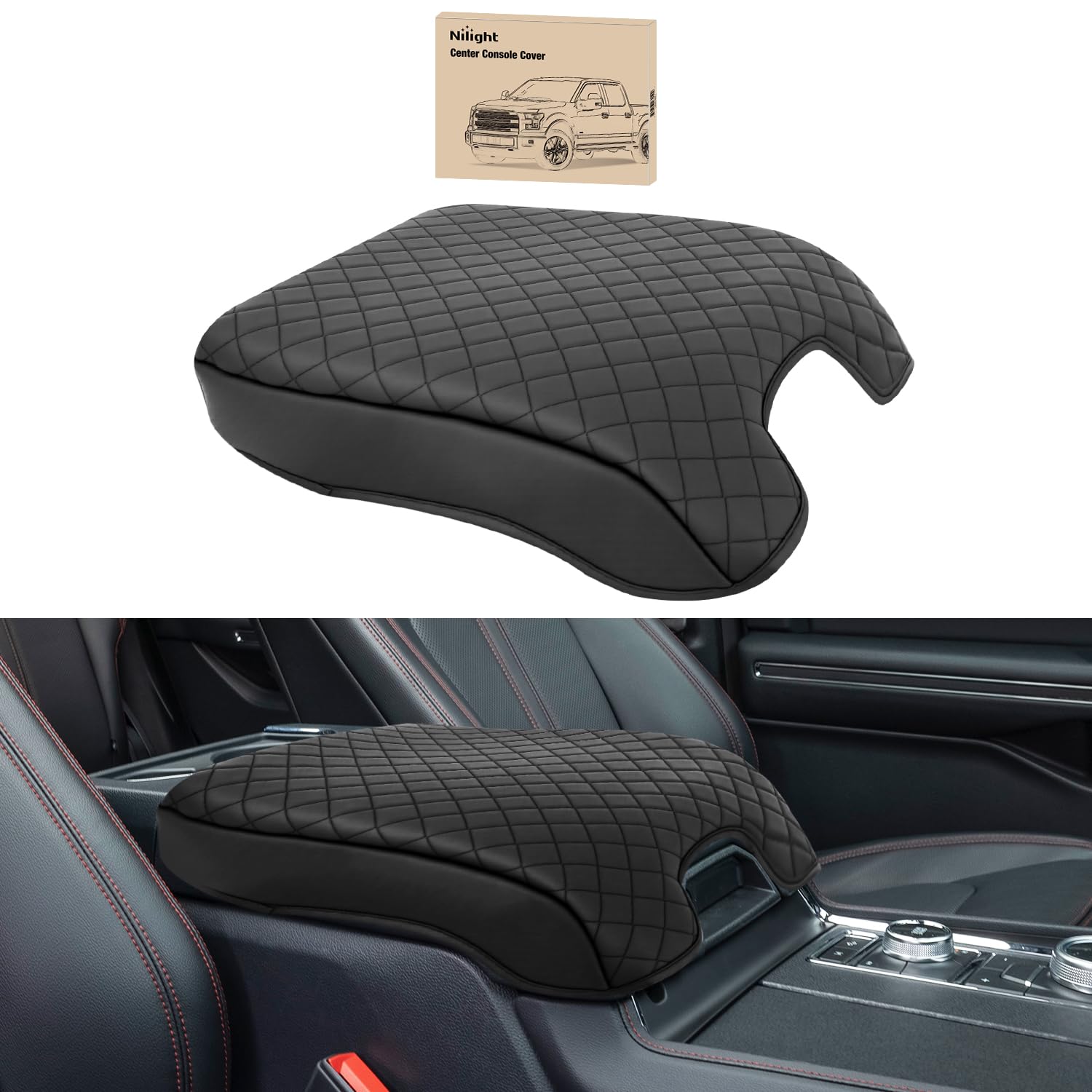 Photo 1 of Nilight Center Console Cover Compatible with 2015-2020 Ford F150 2017-2022 F250 F350 F450 PVC Leather Armrest Cover for Car Middle Center Console Pad Car Armrest Box Cover(Bucket Seat Only) -Black