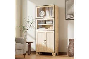 Cozy Castle 71" Pantry Cabinet, Pantry Storage Cabinet with Acrylic Doors and Adjustable Shelves, Modern Farmhouse Tall Cabinet for Kitchen, Dining Room, Living Room, Oak