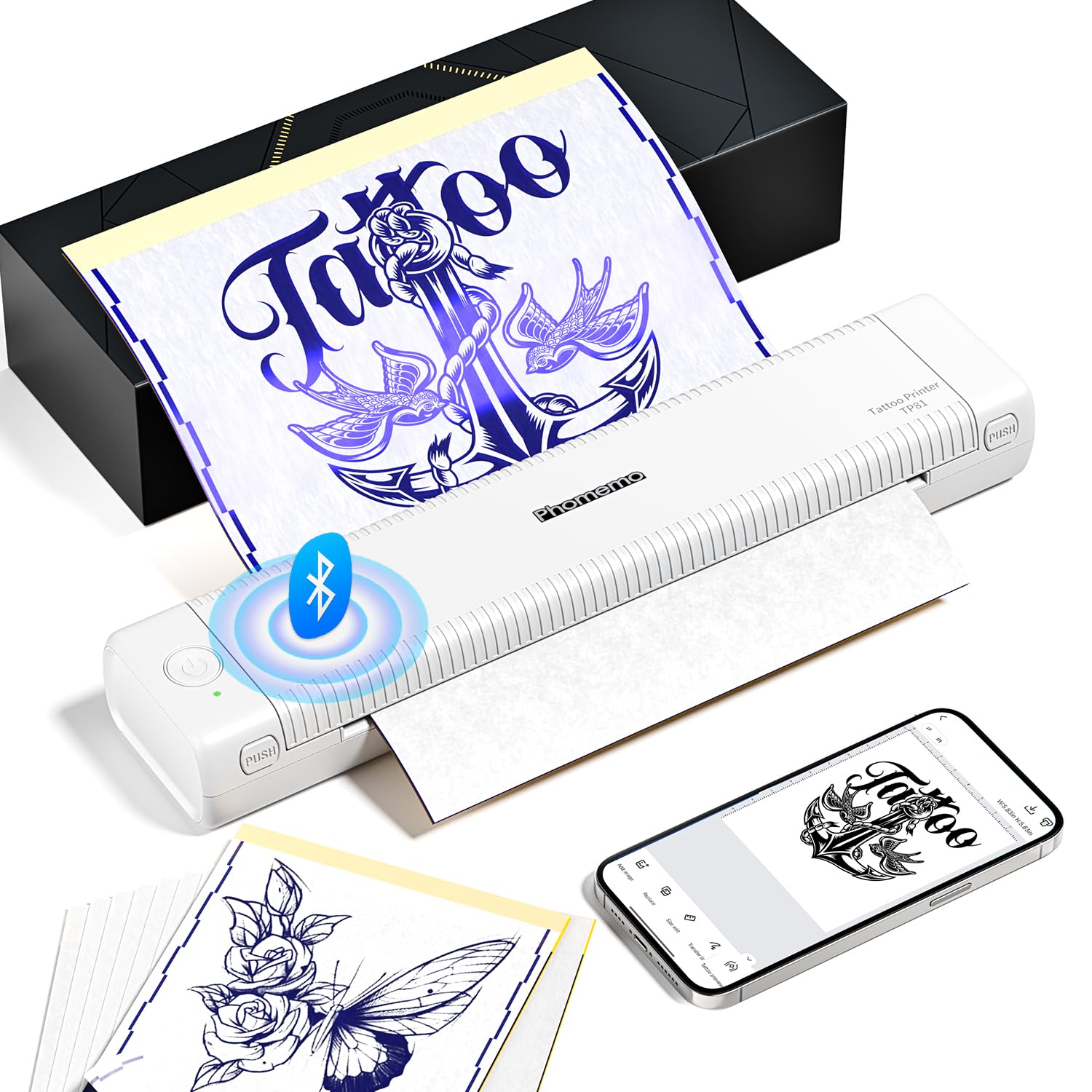 Phomemo TP81 Tattoo Printer, Stencil Printer Rechargeable & Bluetooth Thermal Printer Special for Tattooing, Tattoo Stencil Machine with 10 A4 Tattoo Paper, White