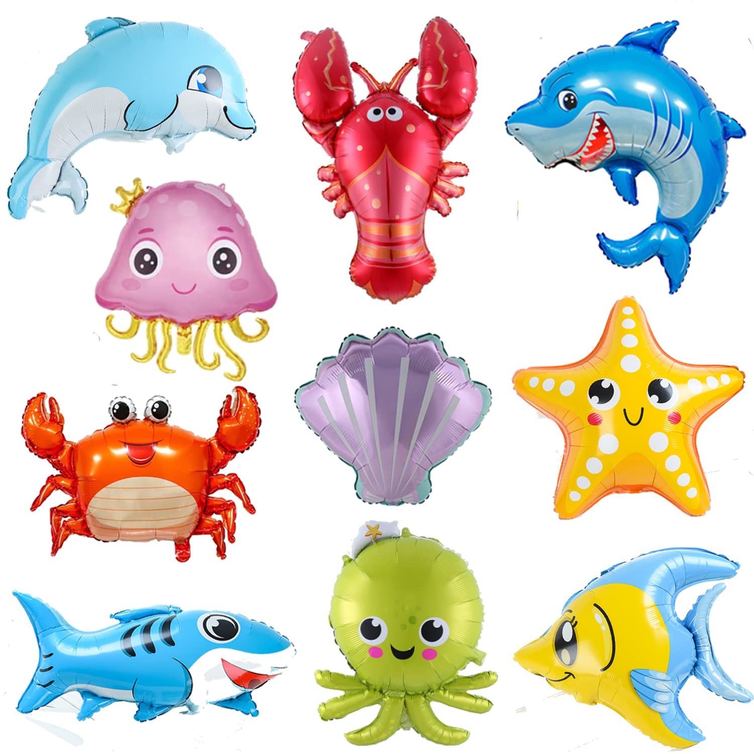 10pcs Fish Balloons for Under the Sea Decorations,Large Ocean Animals Balloons Shark Dolphin Hippocampus Crab Scallops Foil Balloons for Children,Under The Sea Balloons