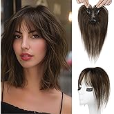 REECHO Hair Toppers for Women Real Human Hair, Seamless Human Hair Toppers with Bangs, 360° 3D Cover Clip in Bangs Hair Extensions for Daily Wear, Chocolate Brown