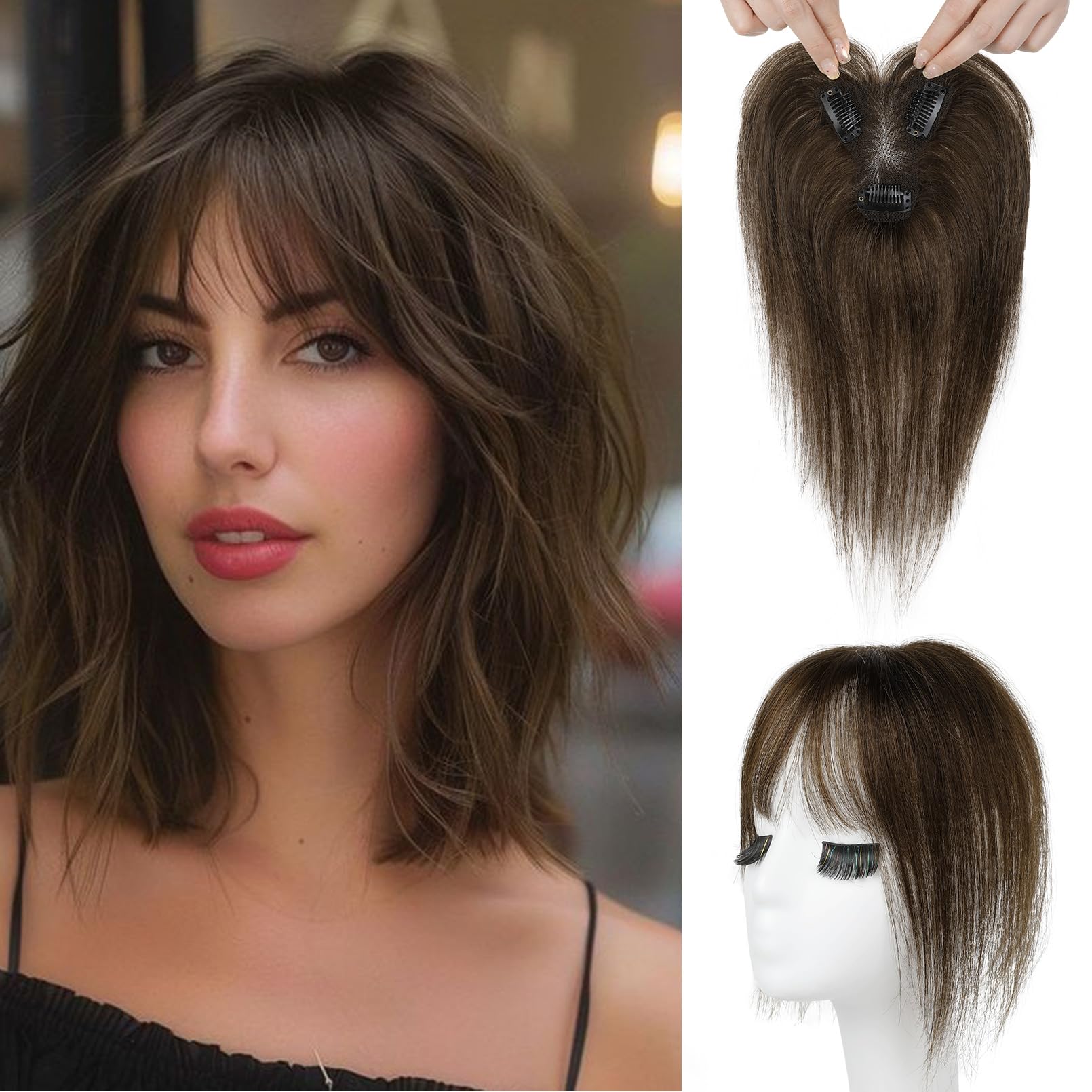 Photo 1 of REECHO Hair Toppers for Women Real Human Hair, Seamless Human Hair Toppers with Bangs, 360° 3D Cover Clip in Bangs Hair Extensions for Daily Wear, Chocolate Brown
