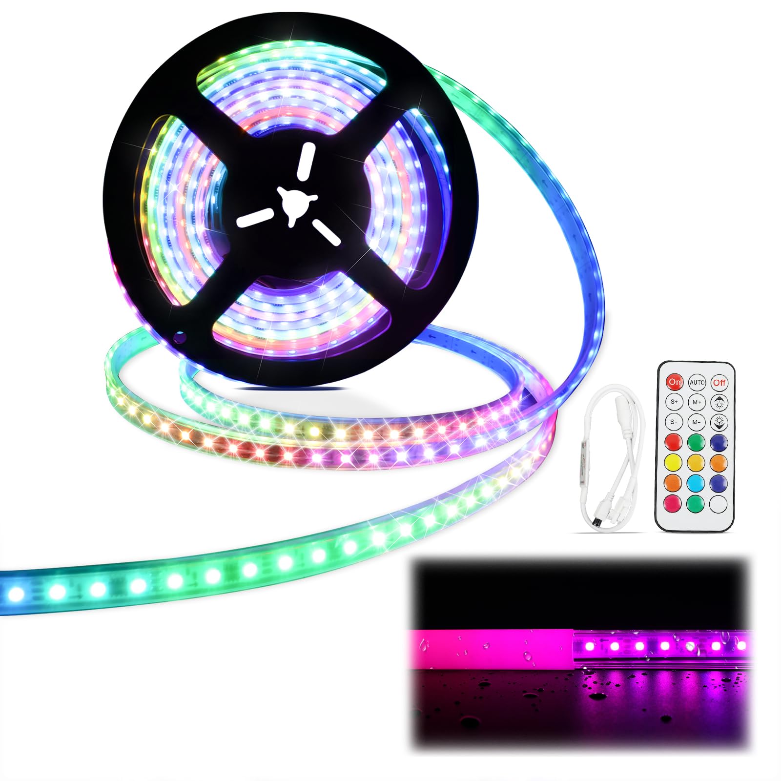 Muzata 16.4FT/5Meter RGB LED Strip Light Waterproof 96LEDs/m Spotless Light Strip fit LED Profile U108 Indoor Outdoor Home Decor AC1T(Power Adapter not Included)