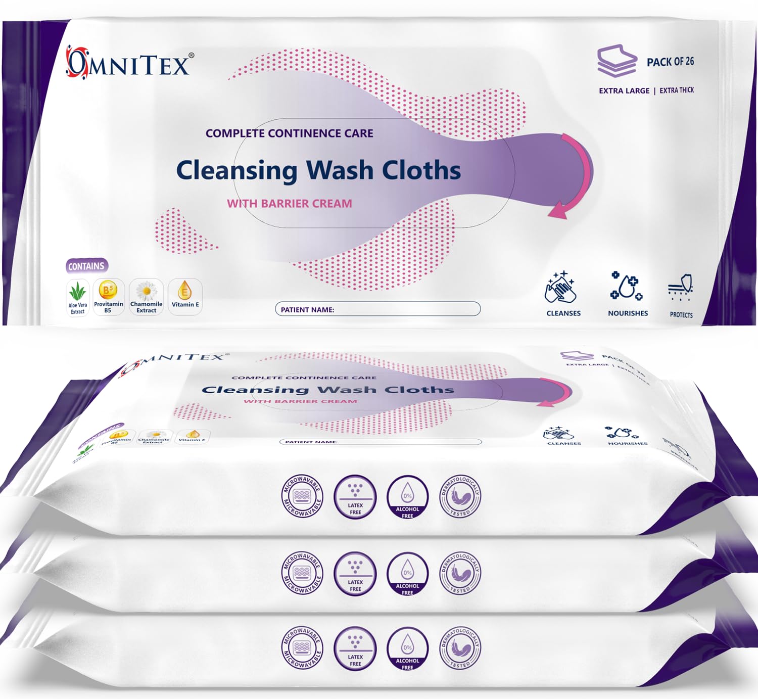 104x Omnitex Incontinence Cleansing Wash Cloths with Barrier Cream - Microwaveable | Rinse-Free All in One Continence Care Cleansing Wipes | Cleans Nourish Protect | Aloe Vera, Vitamins | 4x 26pk