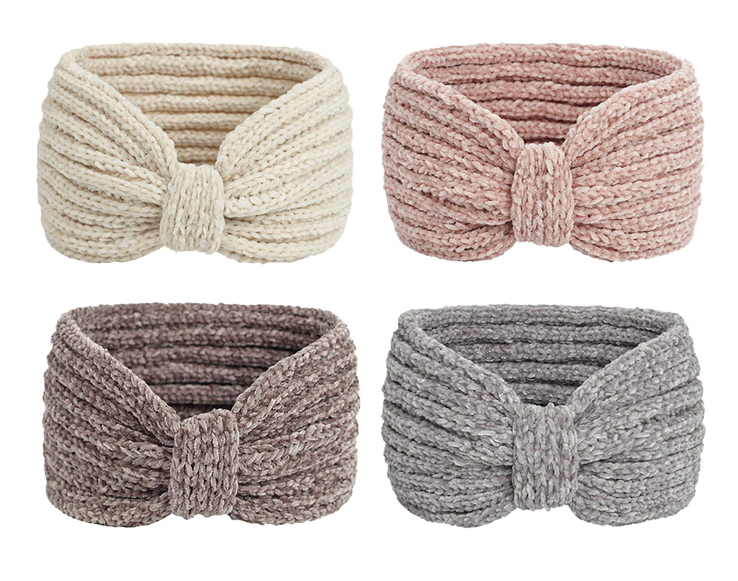 Whaline Winter Knitted Headband Bow Twisted Hair Bands Thick Chenille Ear Warmer Crocheted Turban Head Wraps Elastic Hair Band Accessories for Girls Women Christmas, 4 Pack (Beige, Pink, Gray, Brown)