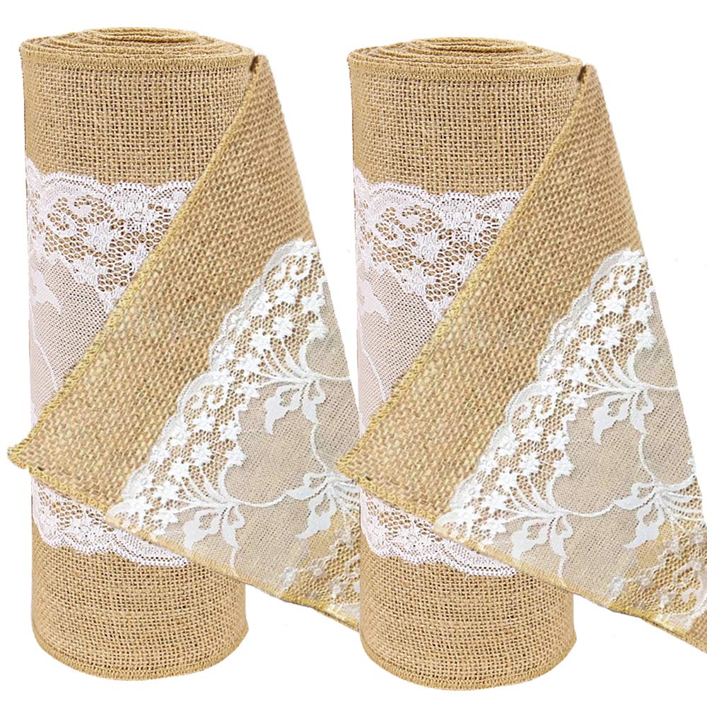 Time to Sparkle 30cmx20M (2 Rolls, 30cmx10M/Roll) Jute Hessian lace Roll Hessian Vintage Rustic Burlap lace Table Runner Sewed Edge Wedding Table Decor (Jute Lace Middle)