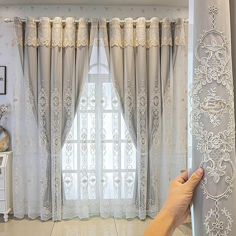 Photo 1 of Amidoudou 1 Pair European Double Layer Curtains with Valances for Living Room Bedroom 3D Flower Embroidered Curtains (Grey,54x84 Inch)