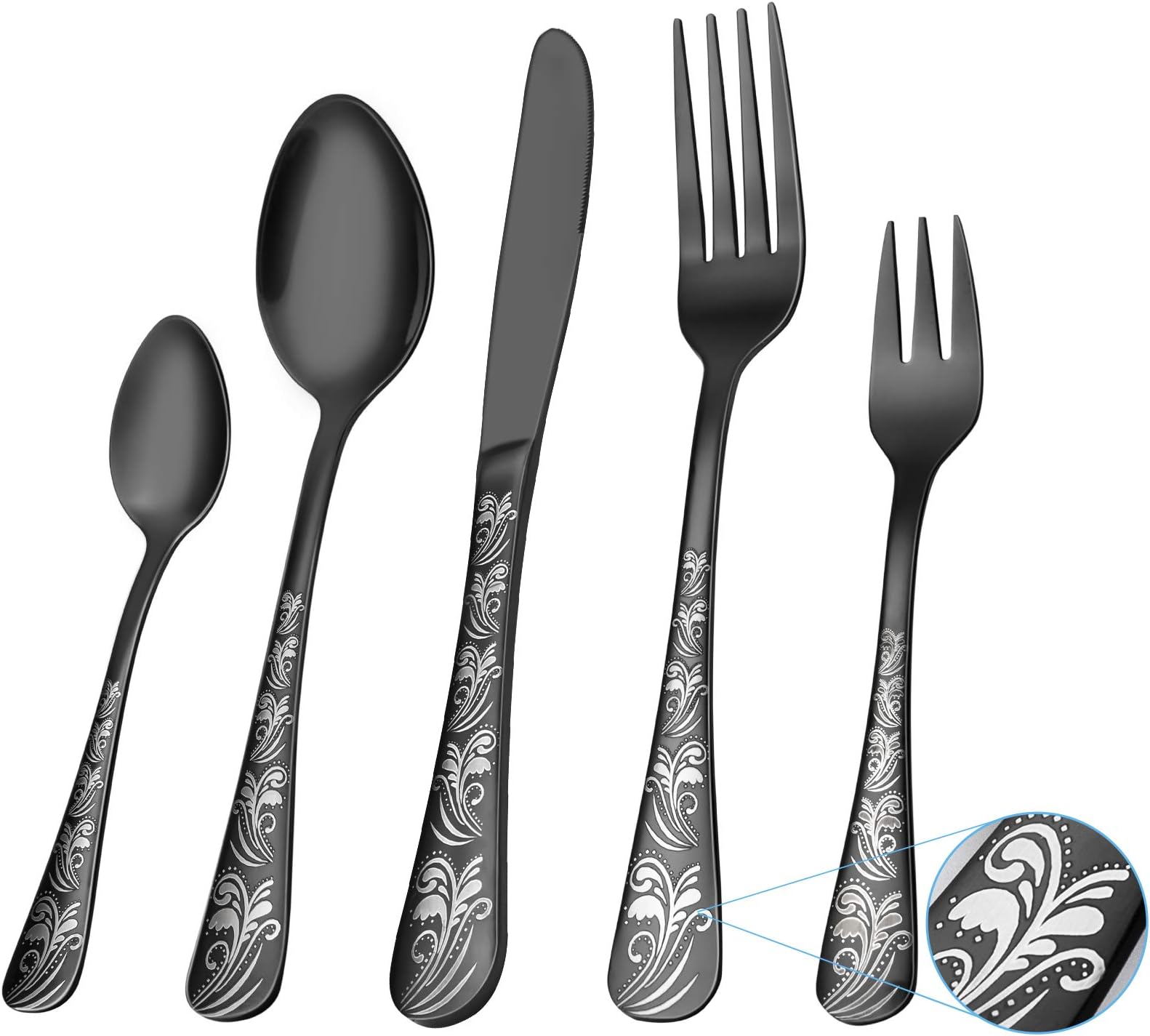 Silverware Set, Elegant Life 20-Piece Stainless Steel Flatware Cutlery Set, Knife Fork Spoon Flatware, Mirror Finish, Smooth Edge, Service for 4 (Black)