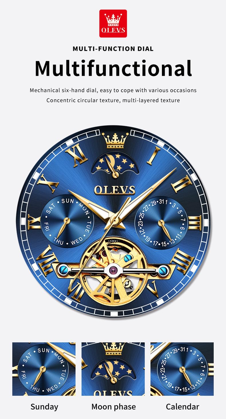 OLEVS Automatic Self-Winding Men's Watch With Date Day Calendar Display - Stainless Steel Skeleton Movement Tourbillon - No Battery Waterproof for Man