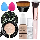 PHOERA Foundation,Air Cushion CC Cream Foundation, Foundation Full Coverage,Phoera Face Primer, Kabuki Brush, Makeup Sponge (102 Nude +# 02 Natural CC)