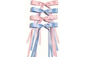 LFOUVRE Hair Clips with Tassels and Bowknots - 4pcs Long Barrettes with Ribbon Bows for Women and Girls (Pink, Light Blue)
