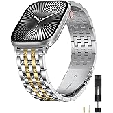 W-RARA Dual-Tone Metal Dressy Band Compatible with Apple Watch Band 38/40/41/42/44/45/46/49mm Women Men, Stainless Steel Seven-link Luxury Engraved Strap for iWatch SE Series 11/10 9 8 7 6 5 4 3 2 1