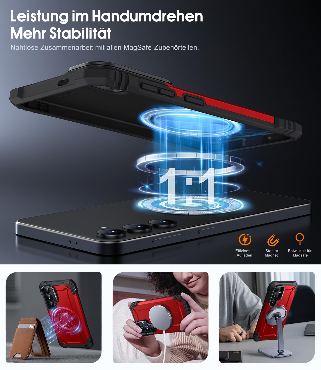 AOUIA Samsung Galaxy S24/S25 Hülle mit MagSafe Kompatibilität, Eingebauter Ständer und Militärischer Schutz - Magnetische Handyhülle in Rot 2