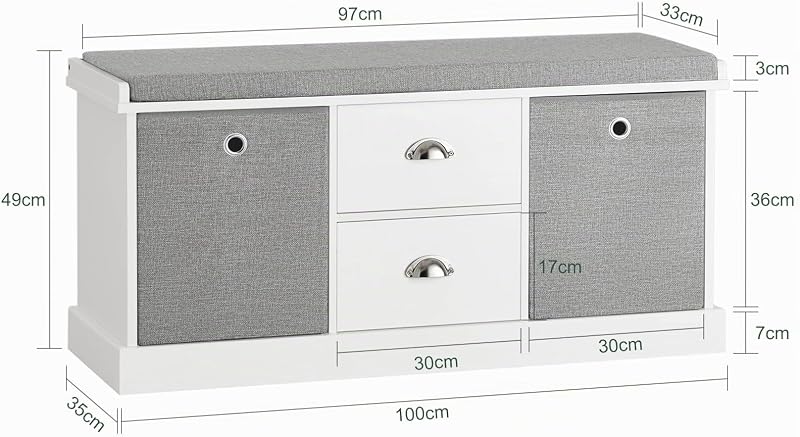 FSR66-HG Sitzkommode Sitzbank mit Stauraum Schuhbank mit Sitzfläche mit 2 grauen Körben und 2 Schubladen Weiß BHT ca.: 100x50x35cm