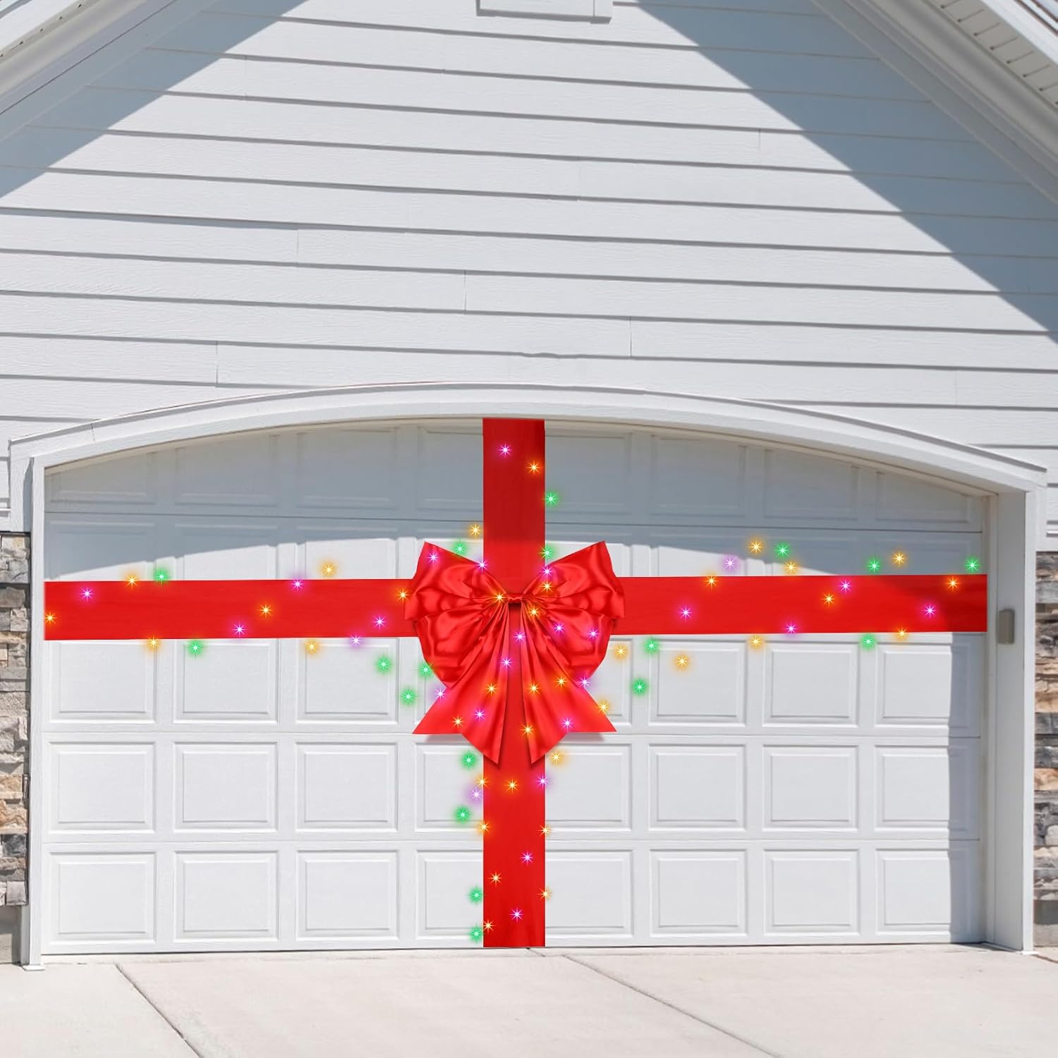 Garage Door Decorations - Lyrow Christmas Garage Door Decoration Garage Door Banner Cover Holiday Garage Banner Ribbon Bow Wrapping 11.8 x 19.7 ft DIY Outdoor Christmas Decorations with LED Light for Garage (Red)