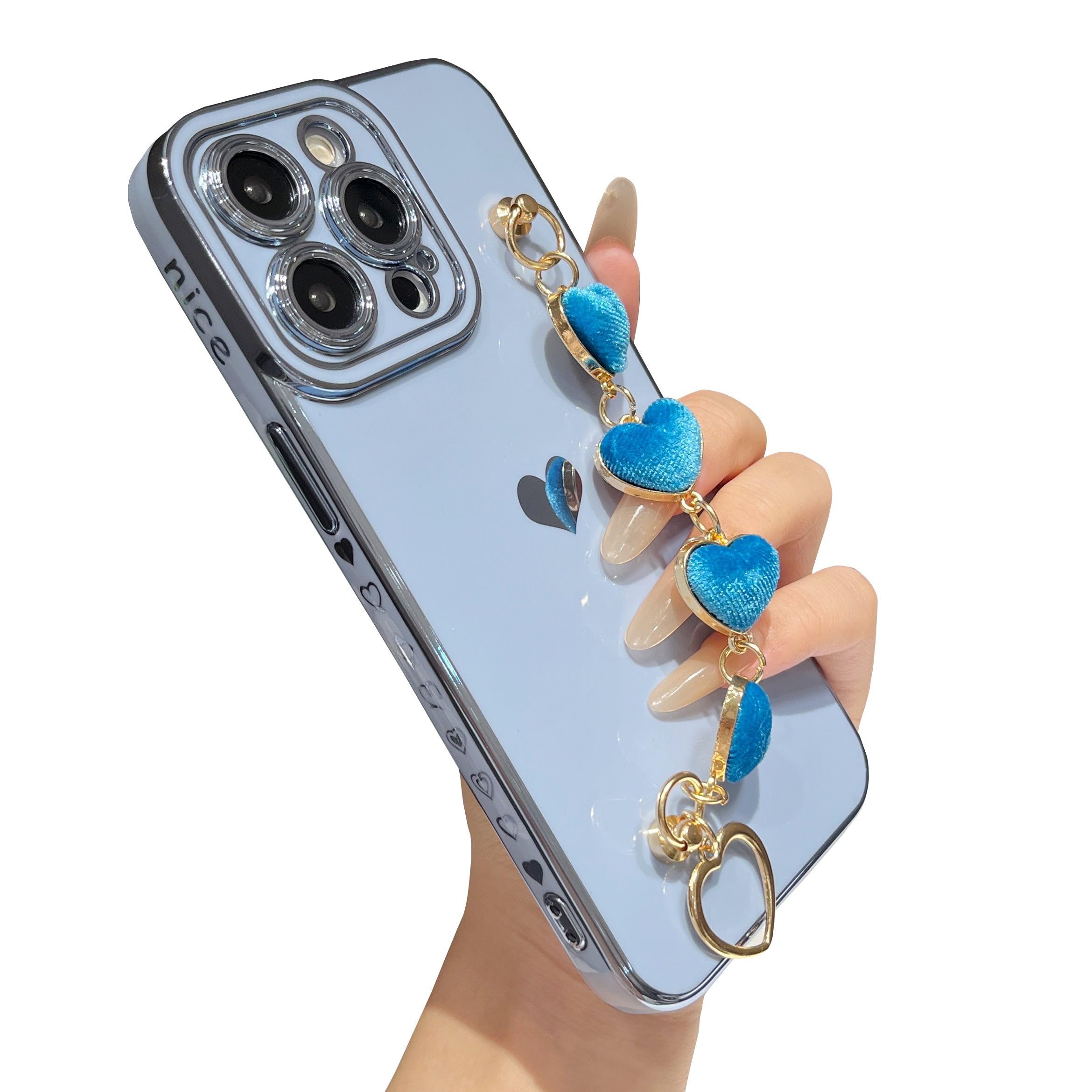 Caseative for iPhone 15 Pro Max Case,Cute Plating Love Heart Wrist Strap Chain Bracelet Soft Compatible with iPhone Case for Women Girls (Blue,iPhone 15 Pro Max)