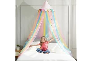 MOOZHEALTH Bed Canopy for Girls Kids Princess Round Dome Dreamy Hanging Net Canopy Rainbow Bright Bed Canopy for Girls Kids Bedroom Decoration Children Reading Nook Play Tent Canopy
