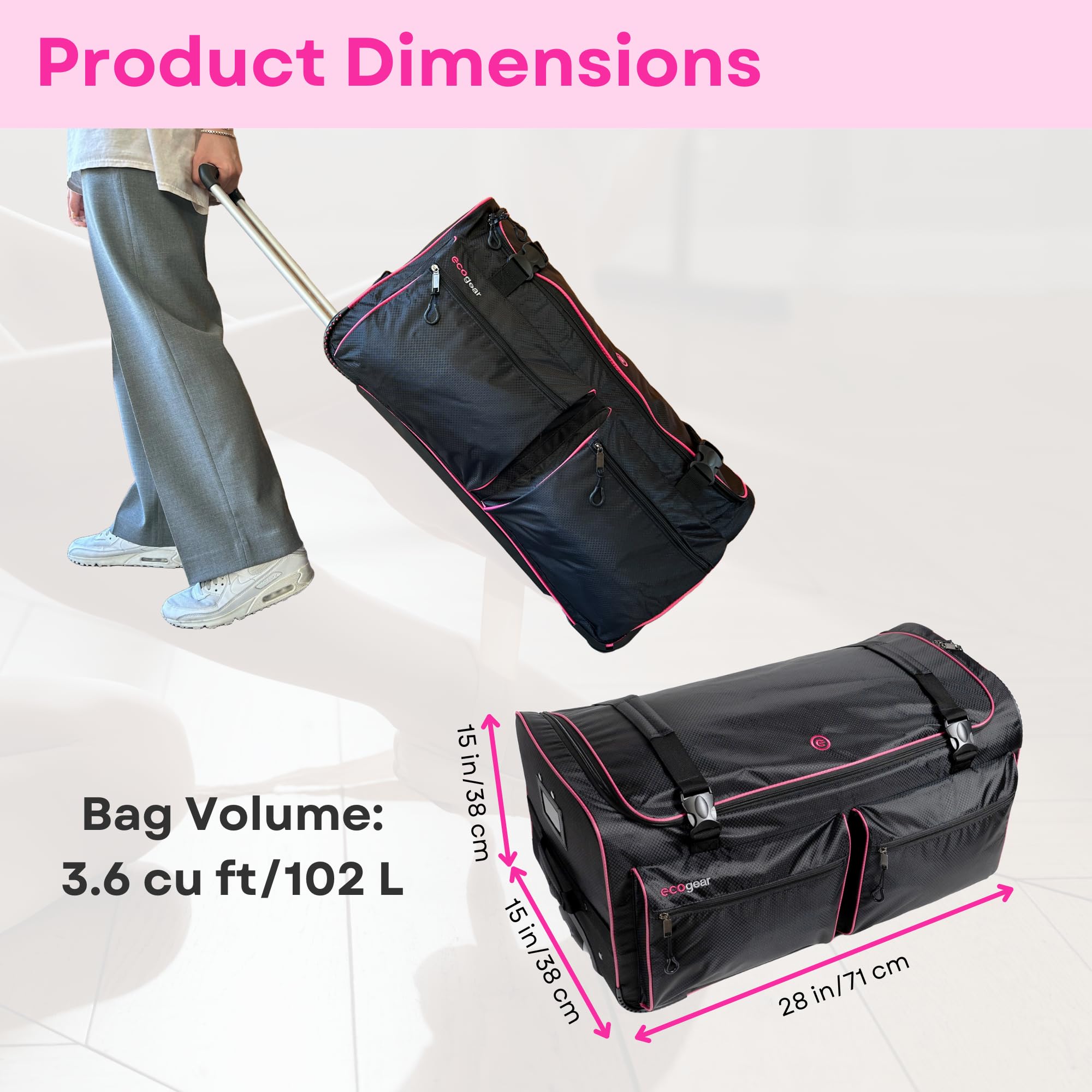 Ecogear Dance Bag with Garment Rack, 28 Inch Rolling Duffel Ideal for Dance Competition & Travel, Wheeled Upright Luggage with Easy-assembly Lightweight Aluminum Clothes Rack, Black/Pink