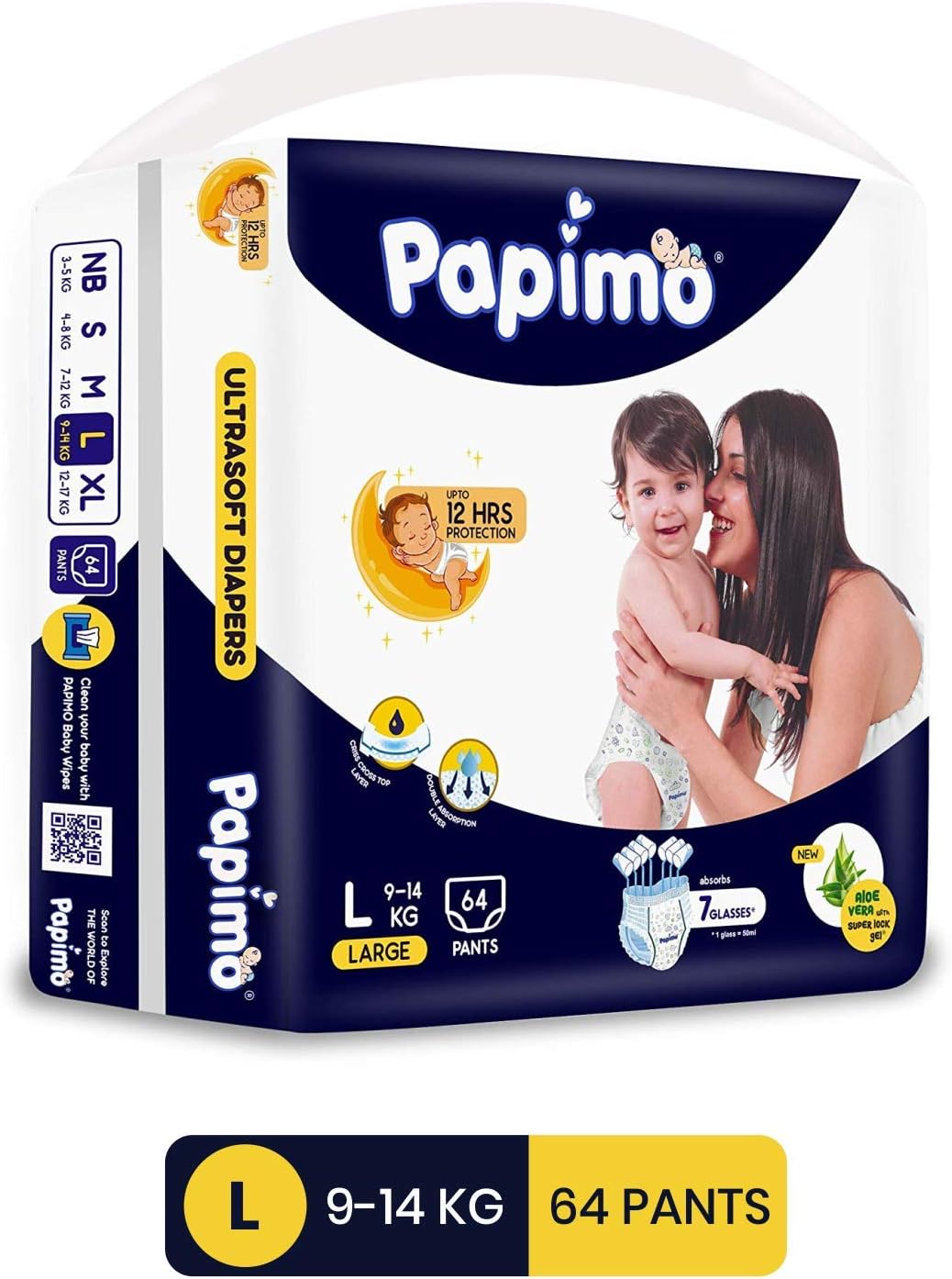 Papimo Baby Pants Diapers with Aloe Vera, Large, 64 Count