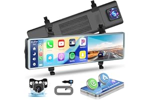HIKITY Mirror Dash Cam Apple CarPlay Android Auto, 11.26 Inch Touch Screen 1080P Front and Rear View Dual Cameras 2 Split Screen, Bluetooth/DVR Loop Recording/Voice Control/DC 7V-32V