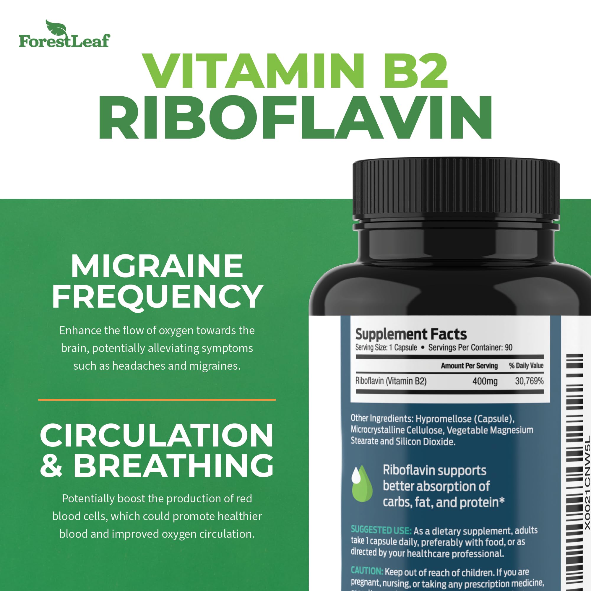 ForestLeaf Vitamin B2 Riboflavin 400mg Energy, Skin & Cellular Health