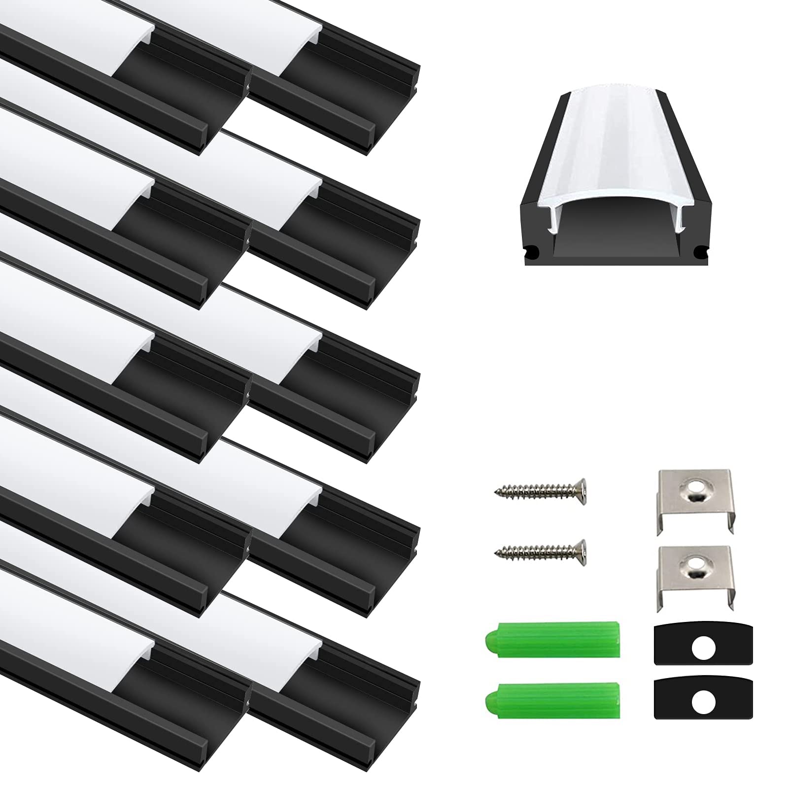inShareplus 10 Pack, 3.3ft/1 Meter, Black, LED Aluminum Channel System U Shape with Milk White Cover, End Caps and Mounting Clips, Aluminum Profile for LED Strip Light Installations