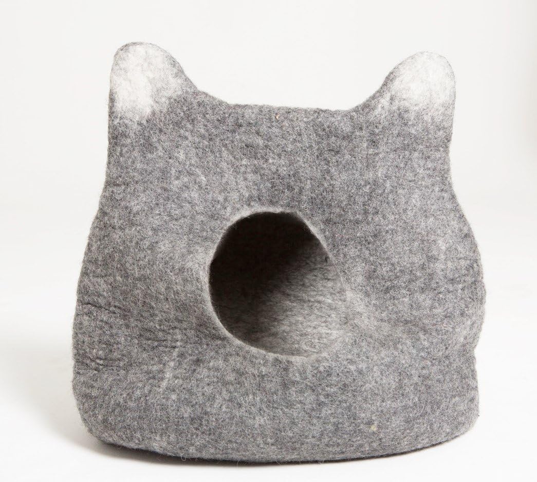Gaia Guy Natural Felted Wool Cat Cave Bed - Cat Head Design - Pet Bed