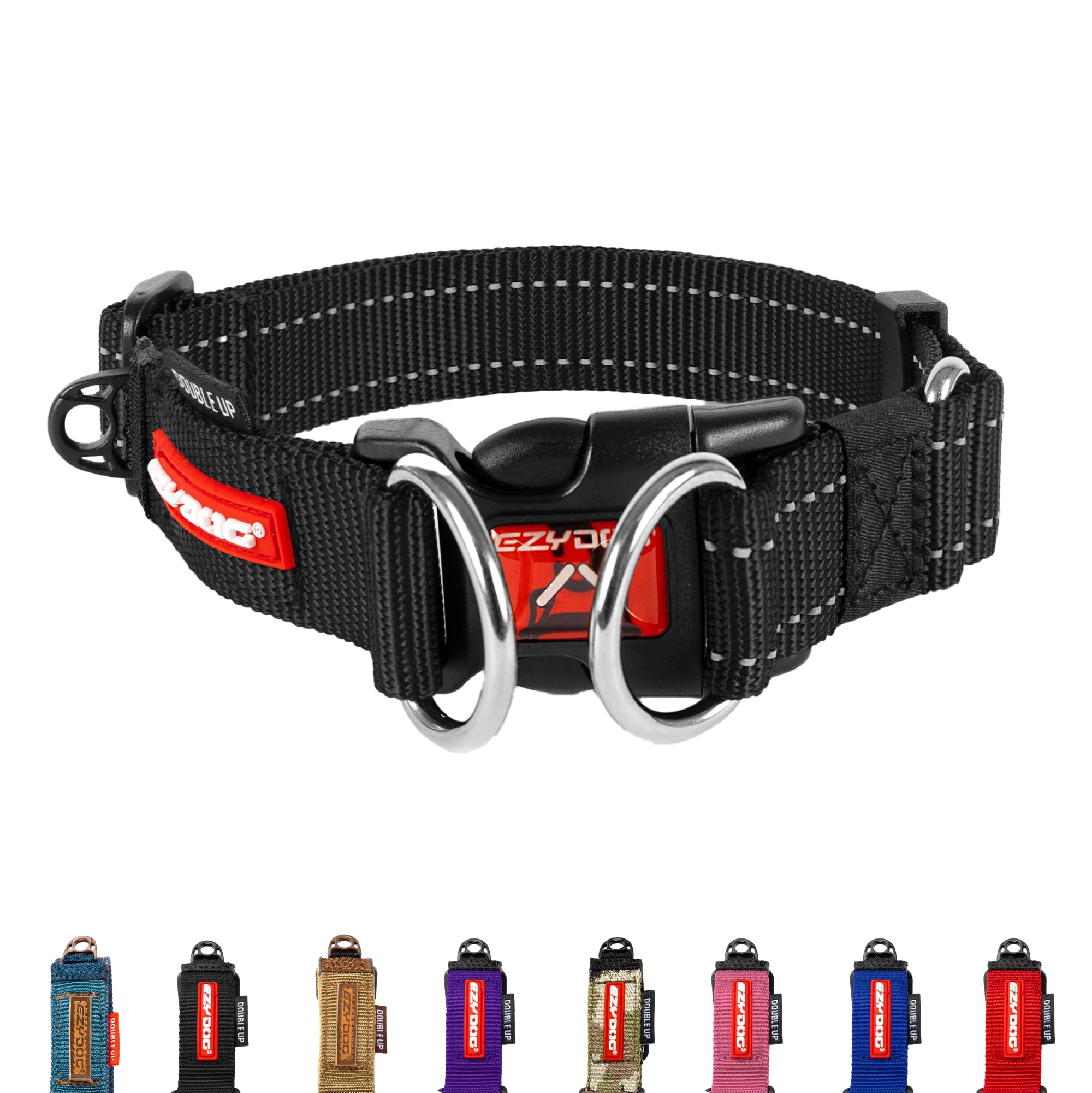 EzyDog Double Up Dog Collar - Reflective Dog Collar Medium with ID Tag D-Ring, For Small, Medium & Large Dogs - Supreme Comfort with Soft & Strong Nylon Webbing - Black — image 1