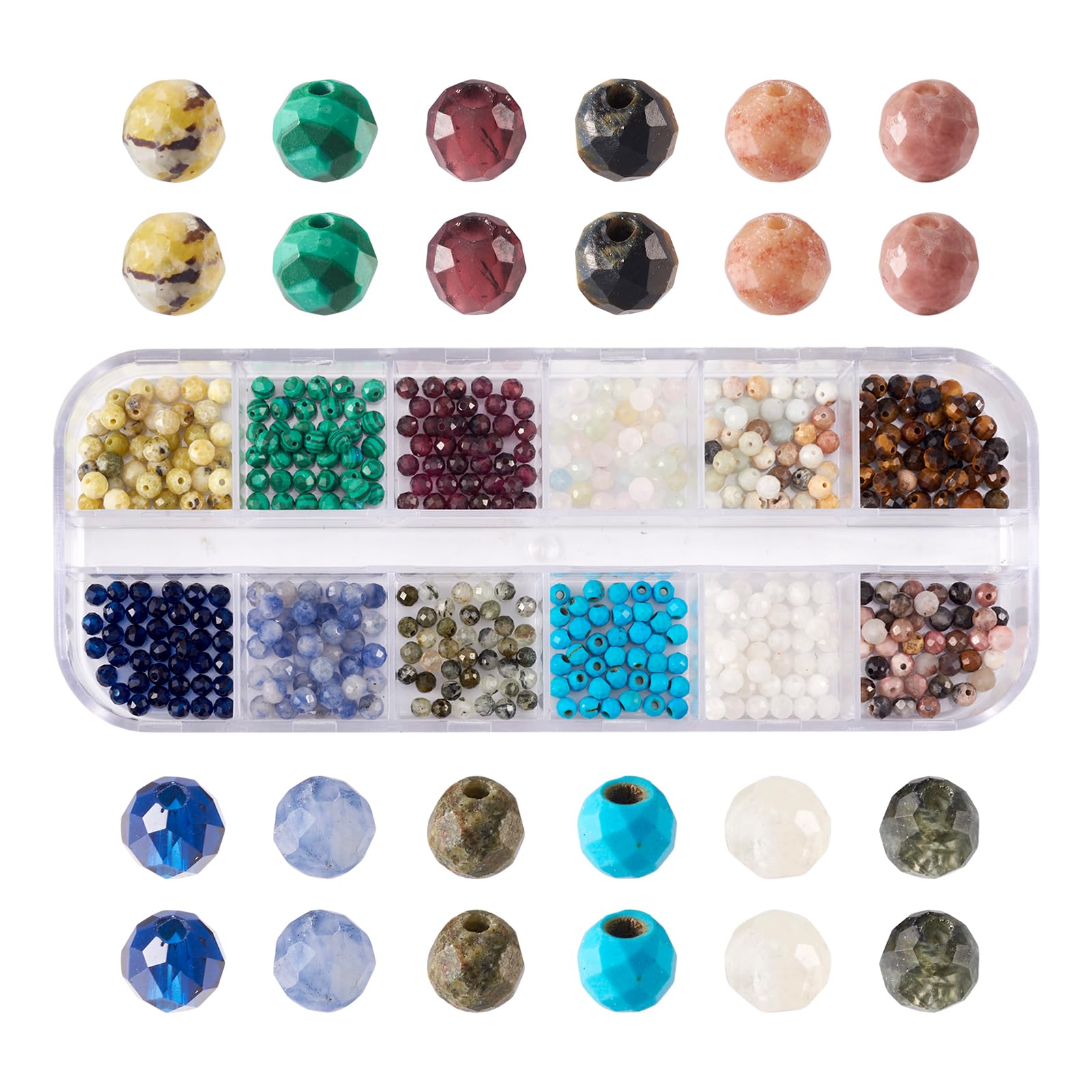Crafans 480Pcs Faceted Natural Gemstone Beads Round 3MM Rhodonite & Tiger Eye & Blue Spot Jasper & Turquoise Loose Spacer Beads for DIY Bracelet Jewelry Making — image 1