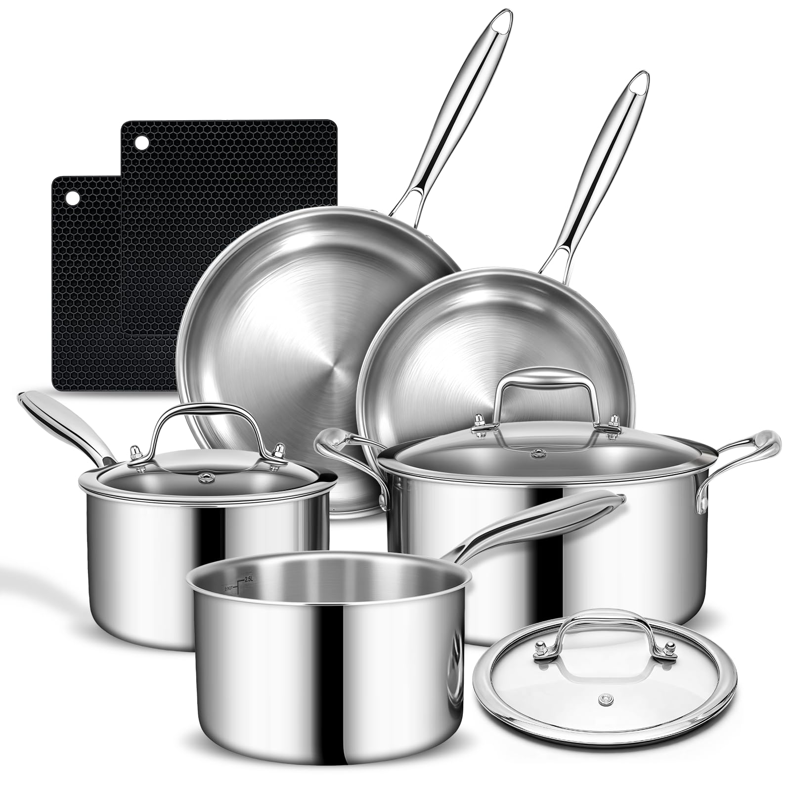 Photo 1 of 3 Ply Stainless Steel Cookware Set, AIVIKI 10-Pieces Pots and Pans Set, Induction Kitchen Cookware Set, Oven Safe to 500?, Chef Quality Cooking Set w/Fry Pans, Saucepans, Dutch Oven, Kitchen Essential