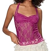 Women Lace Crop Tank Tops Lace See Through Backless Tie-Up Halter Going Out Tops Sleeveless Cami Shirts Streetwear