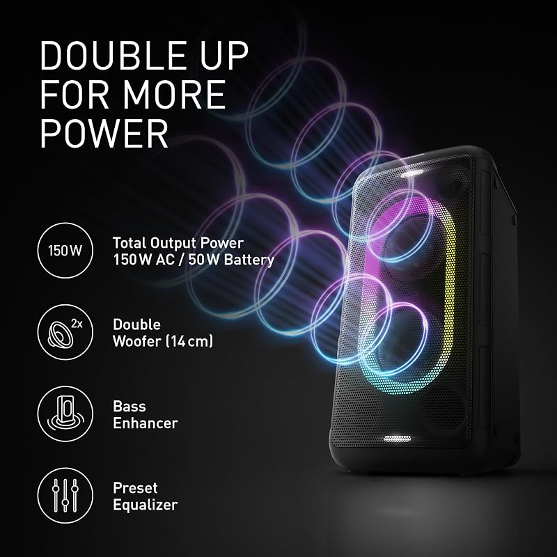 SC-BMAX10E-K Altavoz Portátil para Fiestas con Bluetooth, Luces Integradas, 150 W, USB, Entrada Óptica para TV, Entradas de Guitarra y Micrófono para Karaoke, Negro