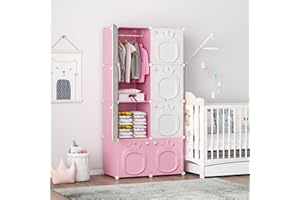 MAGINELS Kids Wardrobe, Baby Girls Closet Armoires Organizer with Door. Open Hanging Children Costume Area and 6 Cube Storage. Pink (28x14x56inch)