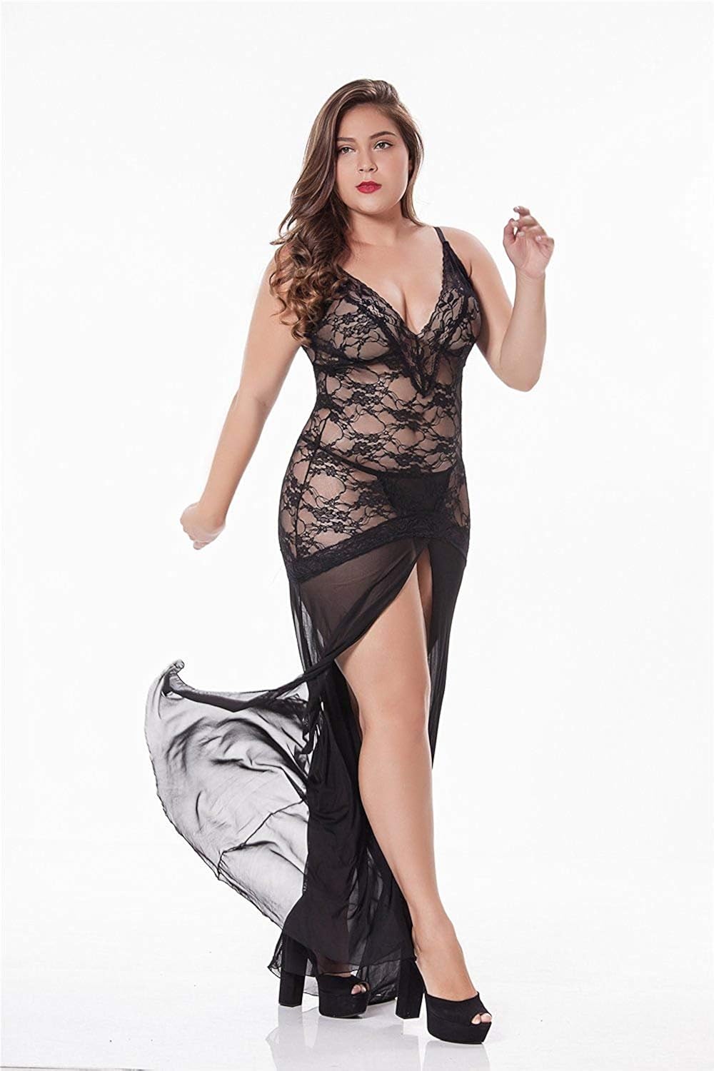 LINGERLOVE Women's Plus Size Lingerie Sexy Split Maxi Long Gown Sheer Dress: Clothing