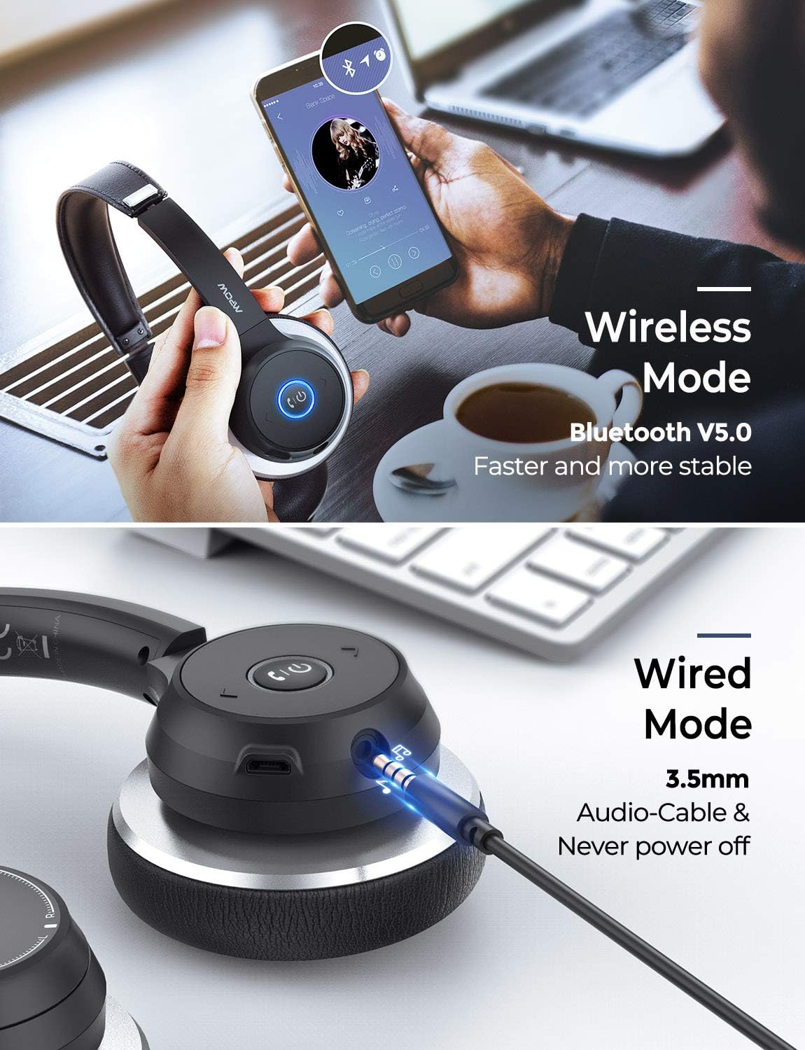 Mpow Bluetooth Headset V5.0 with Dual Microphone, Wireless PC Headphones,CVC8.0 Noise Canceling, On Ear for Computer,Cell Phone, Call Center, Office, Skype, 22 H Talk Time,Soft Earpad (Wired Optional): Electronics