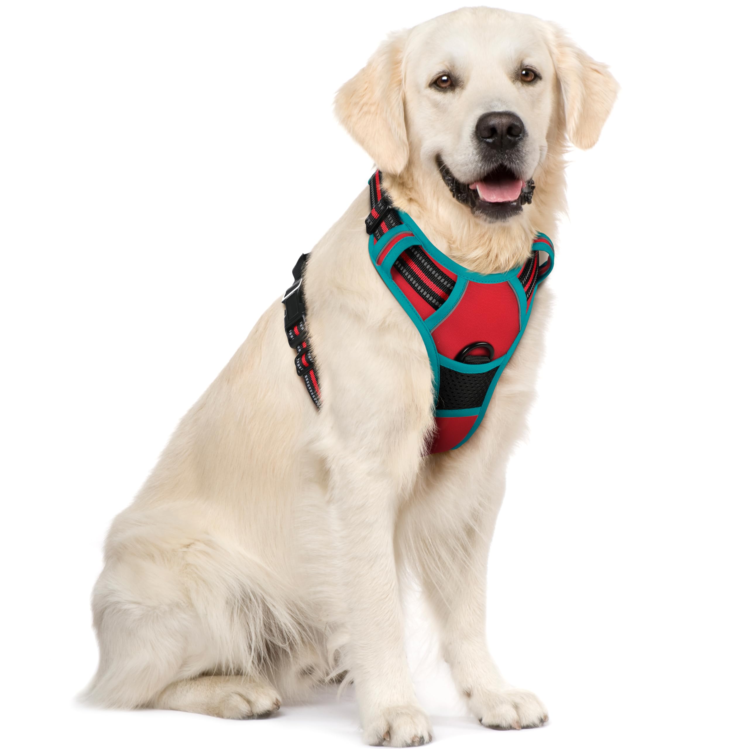 rabbitgoo Dog Harness Large Dog No Pull Pet Harness with 2 Leash Clips, Adjustable Soft Padded Pet Vest, Reflective No-Choke with Easy Control Handle for Training or Walking, Red Teal, XL