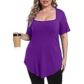Gocolloa Womens Plus Size Tops Tunic Square Neck Short Sleeve Shirts Summer Loose Fit Dressy Casual Blouse