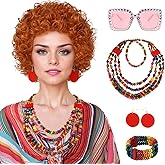 Wallden Hair Red Orange Wig + Pink Sunglasses + Rainbow Necklace + Earrings + Bracelets + Wig Cap for Women Costume Short Curly Reddish Wigs for Cosplay Halloween Party or Fun(6pcs Set)
