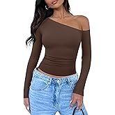 REORIA Womens 2026 Fall Fashion Long Sleeve Shirts Double Lined Casual Slim Fitted Off The Shoulder Tops