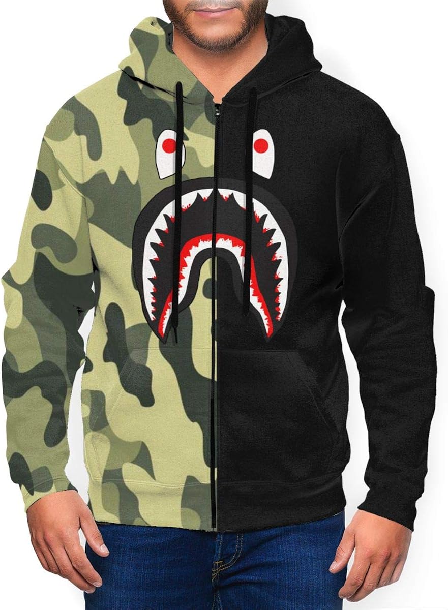 Blood Shark Men's 3D Print Zip Up Hoodie Casual Pullover Hooded Sweashirt Jacket Pockets