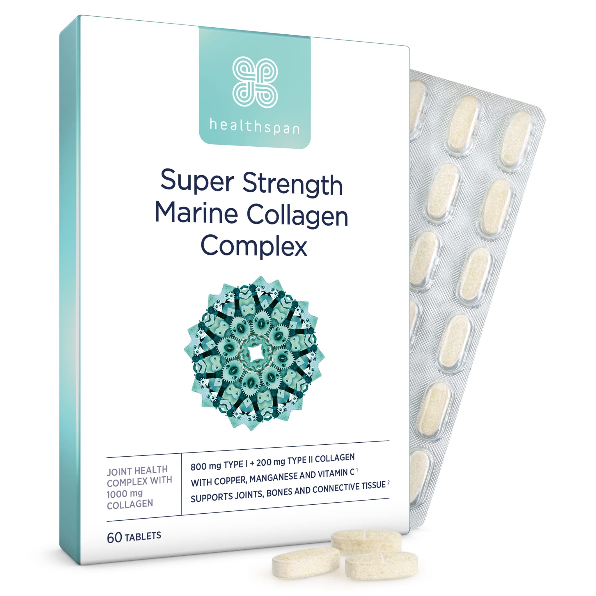 Healthspan Marine Collagen (60 Tablets, 1000mg) | 800mg Type I + 200mg Type II Collagen | Support Your Joints, Bones & Connective Tissue | Added Benefits for Skin & Beauty