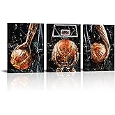Conipit Black White Sport Canvas Basketball Wall Art Ball Sport Painting Prints for Boy's Bedroom Gym Decor Gifts to Basketball Player 12"x16"x3pcs Framed (Small)
