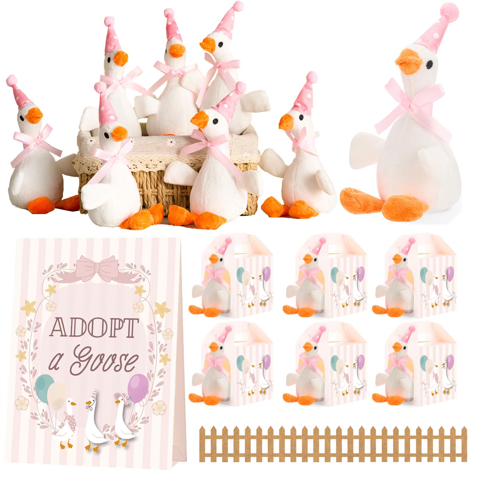 Photo 1 of Soulchen 16 Sets One Silly Goose Birthday Decor Adopt a Goose Favors Small Stuffed Plush Animal with Birthday Party Hats Ribbon Bow for Adopt a Pet Theme Party Supplies Gifts Baby Shower